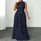 Polka Dot Sleeveless Tie Waist Midi Dress