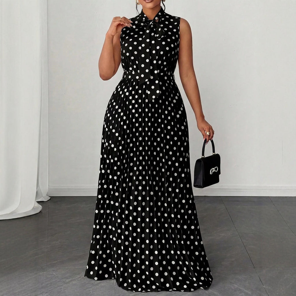 Polka Dot Sleeveless Tie Waist Midi Dress